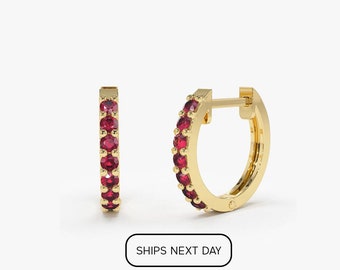 Natural Ruby Earrings / Huggie Earrings / 14k Gold 10MM Ruby Huggie Hoop Earrings / July Birthstone / Last Minute Gift Idea, Gift for Mom