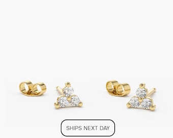 14K Gold Round Cut Diamond Trio Tiny Stud Earrings / Simple Three Stone Cluster Earring / Tiny Diamond Studs / Last Minute Gift