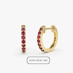 14k Gold 10MM Ruby Huggie Hoop Earrings Ships Next Day