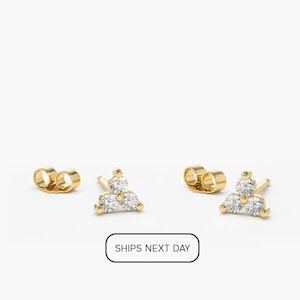 14K Gold Round Cut Diamond Trio Tiny Stud Earrings / Simple Three Stone Cluster Earring / Tiny Diamond Studs / Last Minute Gift image 1