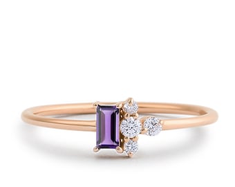 Rose Gold Genuine Amethyst and Diamond Ring / 14k Rose Gold Ring / Baguette Cut Amethyst Ring / February Birthstone / Purple Amethyst Ring