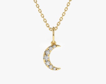 Crescent Moon Necklace / 14k Gold Crescent Moon Diamond Charm / Dainty Diamond Charm/ Minimalist Dainty Boho Layering Charm