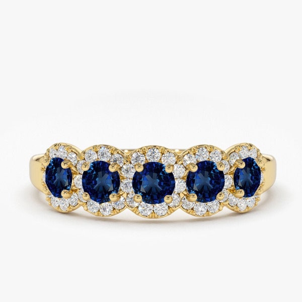 Sapphire Wedding Band / 14k Gold Diamond Sapphire Ring with Micro Pave Setting / Sapphire Anniversary Band / Genuine Sapphire Ring