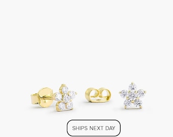 14k Gold Diamond Flower Earrings, Rose Gold Cluster Studs