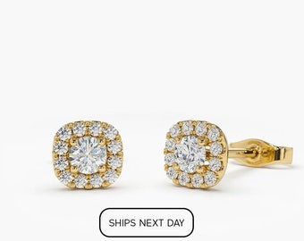 Diamond Studs / Halo Earrings / Diamond Stud Halo Earrings in 14k Gold / Cushion Cut Shape Diamond Stud Earrings / Last Minute Gift