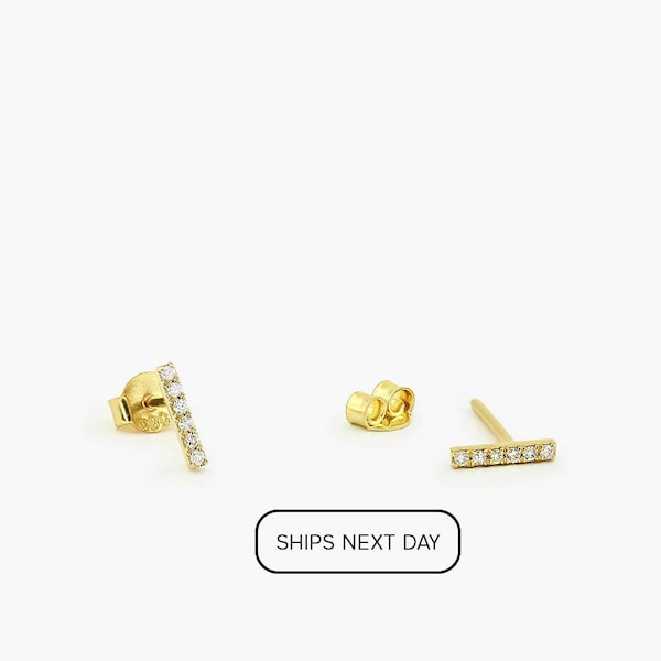 Diamond Bar Stud Earrings in 14k Solid Gold / Rose Gold Diamond Bar Stud Earrings / Dainty Minimal Diamond Earrings /Last Minute Gift