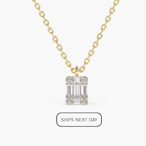 May include: A gold chain necklace with a pendant featuring a rectangular cluster of baguette and round diamonds.