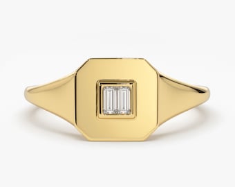 14k Gold Baguette Diamond Pinky Signet Ring
