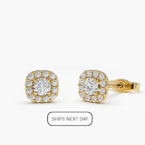 Diamond Studs / Halo Earrings / Diamond Stud Halo Earrings in 14k Gold / Cushion Cut Shape Diamond Stud Earrings / Last Minute Gift