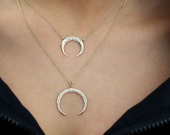 14k Gold Large Diamond Crescent Moon Necklace / Horn Necklace / Mother's Day Sale