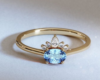 Swiss Blue Topaz Ring / 14k Blue Topaz & Diamond Crown Engagement Ring / Blue Topaz December Birthstone / Unique Blue Topaz Promise Ring