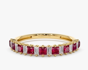 Ruby Ring / 14k Gold Unique Princess Cut Natural Ruby and Baguette Diamond Statement Ring by Ferko's Fine Jewelry / Gift for her