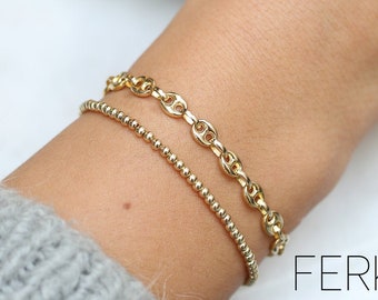 Gold Bracelet / 14k Solid Gold Thick Gold Puffed Mariner Chain Bracelet / Mariner Anchor Bracelet / 14 Link Bracelet by Ferkos Fine Jewelry