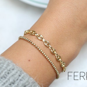 Gold Bracelet / 14k Solid Gold Thick Gold Puffed Mariner Chain Bracelet / Mariner Anchor Bracelet / 14 Link Bracelet by Ferkos Fine Jewelry