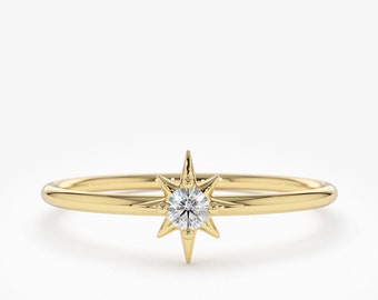 14K Gold Diamond Ring / North Star Stacking Ring / Astrology Ring / Star And Moon / Dainty Minimal Ring / Celestial Jewelry, Mom Gift