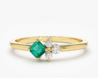 Emerald Ring / 14k Simple Dainty Princess Cut Emerald and Diamond Ring by Ferko's Fine Jewelry / Avail in 14k Rose Gold and 14k White Gold