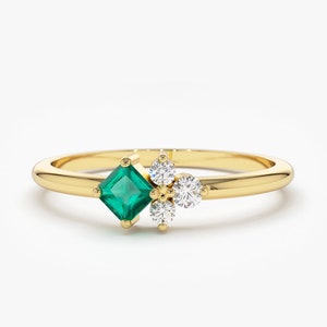 Emerald Ring / 14k Simple Dainty Princess Cut Emerald and Diamond Ring by Ferko's Fine Jewelry / Avail in 14k Rose Gold and 14k White Gold