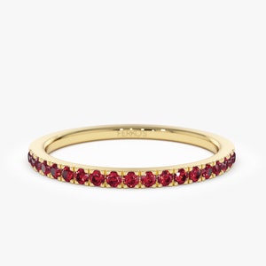 14k Solid Gold Ruby Ring / Half Eternity Ruby Ring Micro Pave Set / Stackable Natural Genuine Ruby Ring / July Birthstone Ring