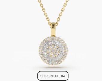 Diamond Necklace / 14k Gold Baguette Diamond Disc Cluster Necklace / Baguette Diamond Necklace / Rose Gold, White Gold Ferkos Fine Jewelry