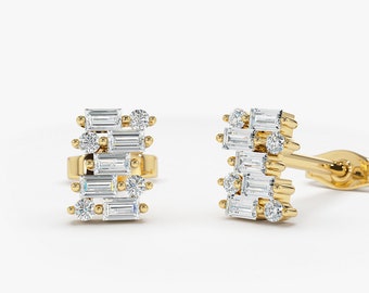 Diamond Stud Earrings / 14K Gold Baguette Diamond Stud Earrings / Mini Baguette Diamond Studs Sold as a Pair / Dainty Diamond Earrings