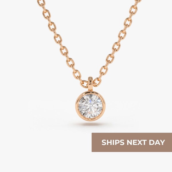 14k Rose Gold Diamond Solitaire Necklace / Bezel Setting Solitaire Minimalist Necklace / Delicate Diamond Necklace / Diamond Choker