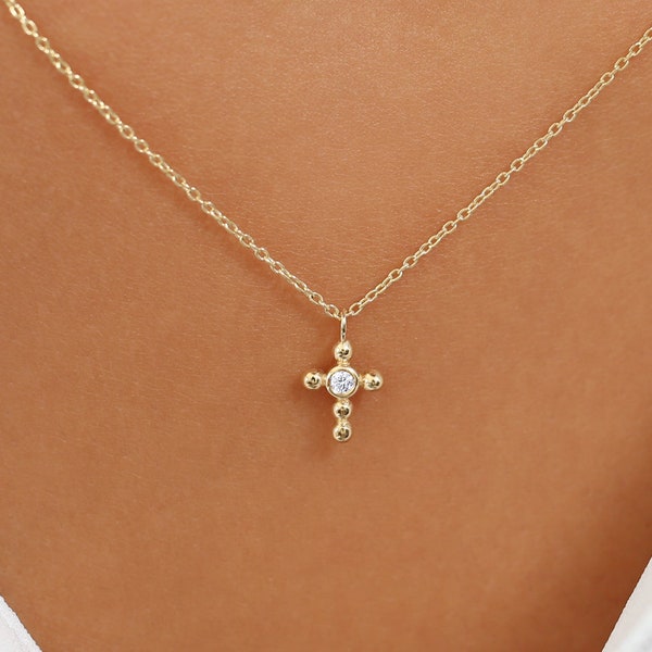 Diamond Cross Necklace / Tiny Diamond Cross Pendant / 14k Gold Cross Necklace / Small Diamond Cross / Baptism Gift  / Gift for Mom idea