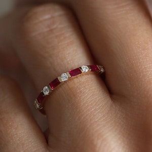 14k Solid Gold Natural Ruby Baguette and Genuine Round Diamond Stackable Women's Wedding Ring by Ferko's Fine Jewelry / Gift for Mom