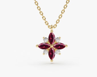 Ruby Pendant / 14k Floral Design Marquise Ruby Pendant with Diamonds / Natural Ruby Charm Necklace / Ruby Cluster Necklace