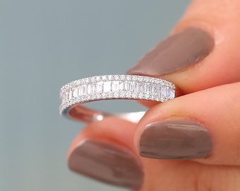 Baguette Diamond Anniversary Ring 0.75ctw 14k Gold Half Eternity Baguette and Round Brilliant Micro Pave Cocktail Ring/ Diamond Wedding Band