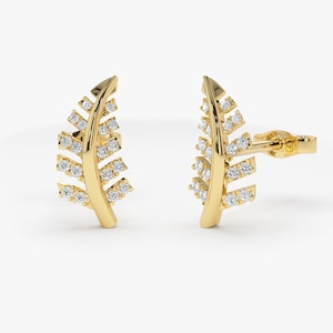 Leaf Earrings /14k Gold Diamond Leaf Earrings / Pair of Diamond Leaf Studs / Unique Diamond Earrings by Ferkos Fine Jewelry / Gift for Mom