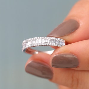 Baguette Diamond Anniversary Ring 0.75ctw 14k Gold Half Eternity Baguette and Round Brilliant Micro Pave Cocktail Ring/ Diamond Wedding Band