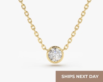 0.12Ctw Diamond Solitaire Necklace in 14k Gold  / Bezel Set Diamond Solitaire Necklace