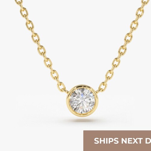 Diamond Solitaire Necklace 14k Yellow Gold / Diamond Bezel Etsy