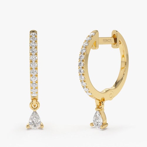 14k Gold and Diamond Hoop Earrings / Dangling Diamond Hoop Etsy