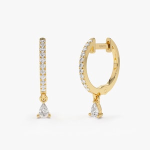 Hoop Earrings / 14k Gold Diamond Huggie Earrings with Dangling Pear Shape Diamond / 10MM Gold Hoop Earrings for Women Ferkos Fine Jewelry