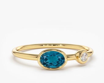 14k London Blue Topaz Ring with Diamond / Oval Shape Bezel Setting London Blue Topaz ring with Diamond / December Birthstone Ring
