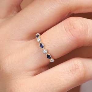 14k Gold Marquise Cut Natural Sapphire and Round Brilliant Diamond Wedding Ring / Milgrain Bridal Ring / Half Eternity Anniversary Band