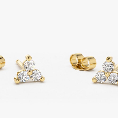 Trio Diamond Stud Earrings / 14k Solid Gold Three Stone Etsy