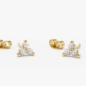 14K Gold Round Cut Diamond Trio Tiny Stud Earrings