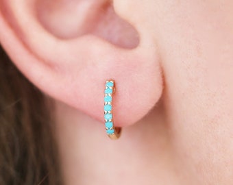 Natural Turquoise Earrings / Huggie Earrings / 14k Gold 10MM Turquoise Huggie Hoop Earrings / December Birthstone Gift / Gift for Mom