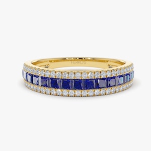 Sapphire Ring / 14k Gold Half Eternity Princess Cut Sapphire and Round Brilliant Diamond Micro Pave Anniversary Ring / September Birthstone