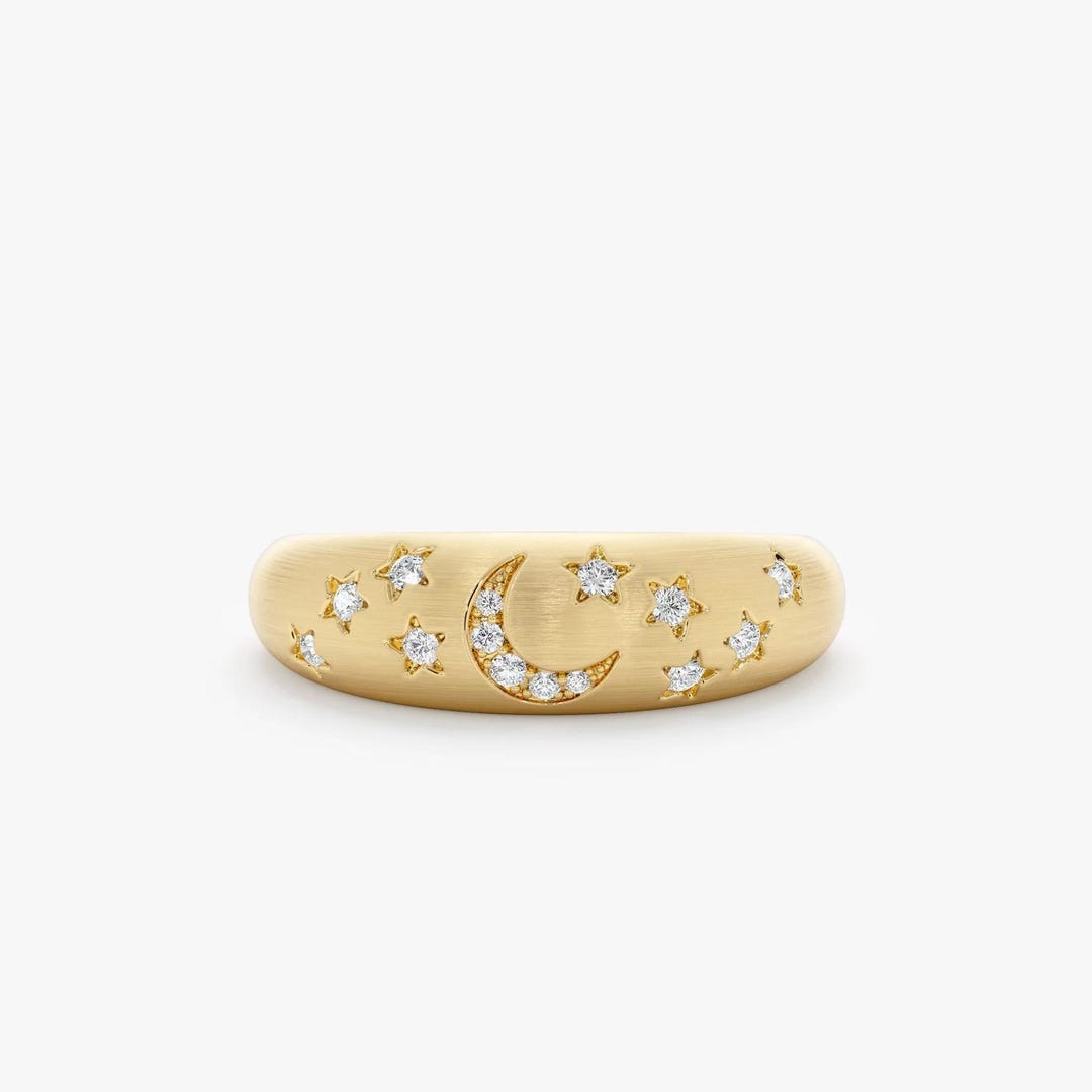 Diamond Moon and Stars Ring, 14k Gold Celestial Diamond Ring, Matte ...