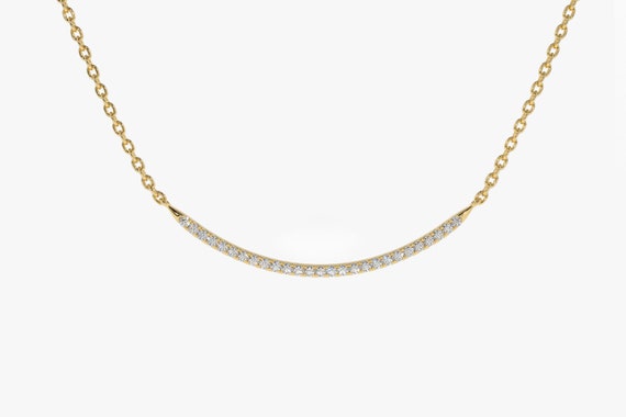 Diamond Bar Necklace 14k Solid Gold Diamond Curved Bar Necklace