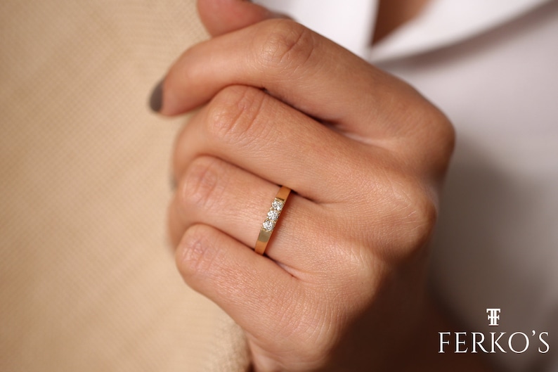 14K Gold 3 Stone Pinky Ring / Pinky Finger Diamond Ring / Minimalist Diamond Ring / Promise Ring / Stackable Ring by Ferkos