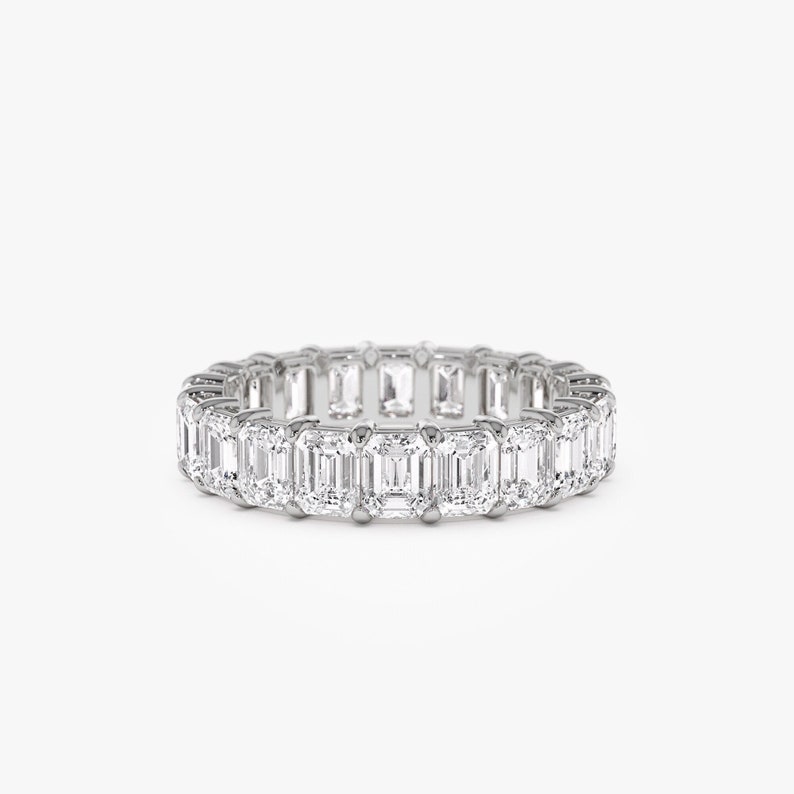 Emerald Cut Wedding Ring, 4.5 ctw 14k White Gold Prong Setting Full Eternity Emerald Lab Grown Diamond Ring