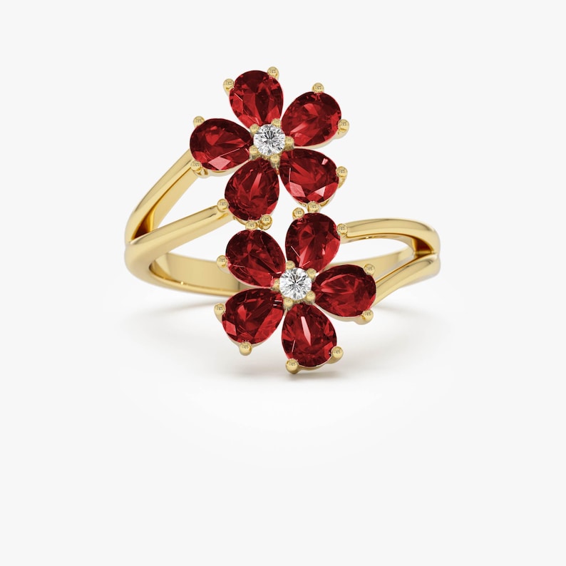 14k Gold Ruby Double Flower Ring