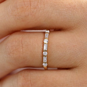 Alternating Baguette and Round Diamond Wedding Ring in 14k Gold by Ferkos Fine Jewelry