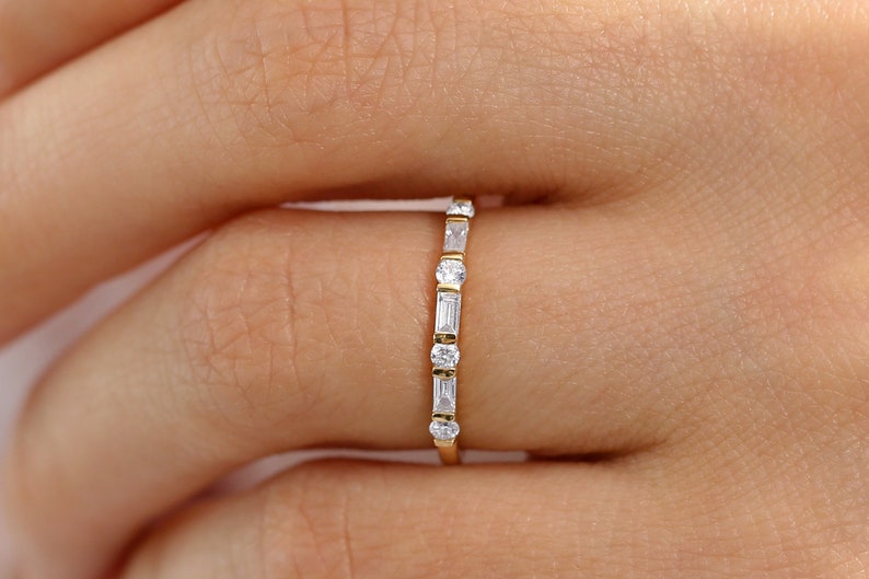 Alternating Baguette and Round Diamond Wedding Ring in 14k Gold by Ferkos Fine Jewelry