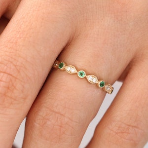 14k Gold Art Deco Emerald and Diamond Half Eternity Women Wedding Ring / Stackable Emerald Diamond Ring May Birthstone Ring
