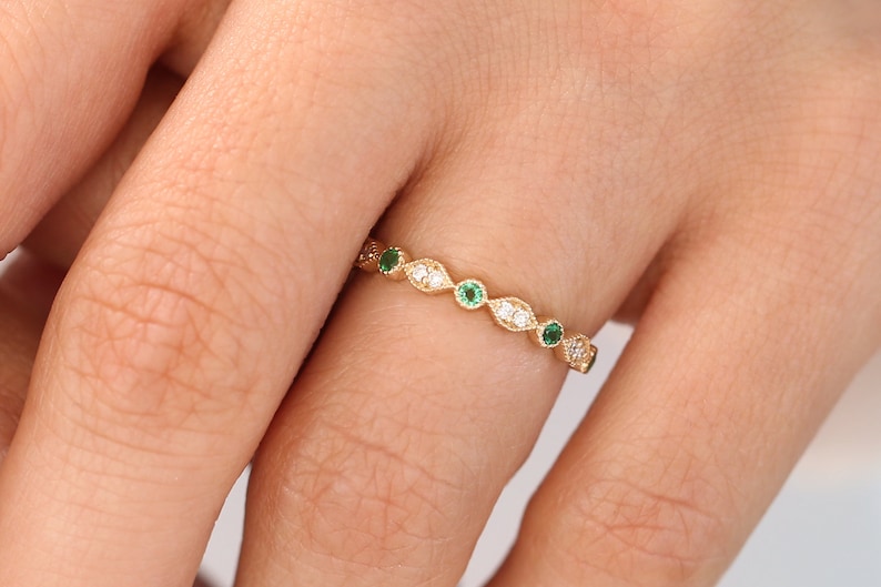 14k Gold Art Deco Emerald and Diamond Half Eternity Women Wedding Ring / Stackable Emerald Diamond Ring May Birthstone Ring
